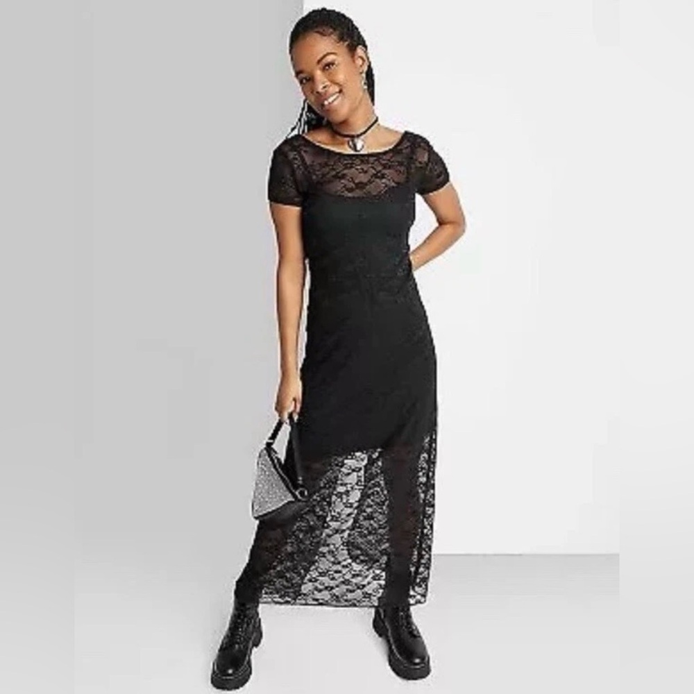 Wild Fable Black Lace Sheer Maxi Dress Goth Boho Size Small w/ Built in Slip